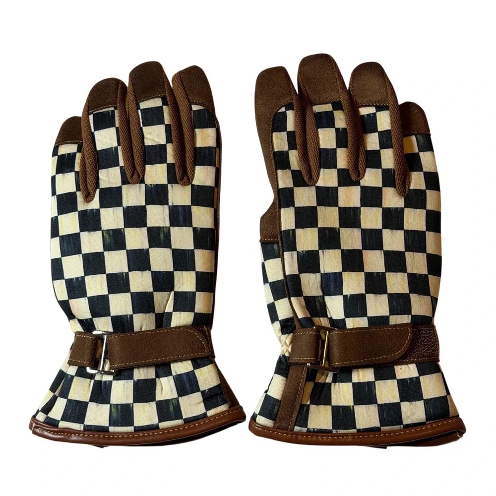 MacKenzie-Childs Courtly Check Garden Gloves Black Tan Brown Patterned One Size